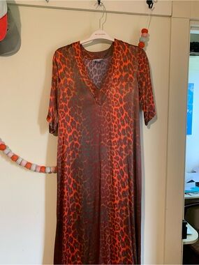 GANNI Orange Leopard Print V-Neck Maxi Dress